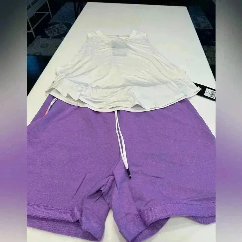Fourlaps lavender rush shorts & white curved crop tank size medium